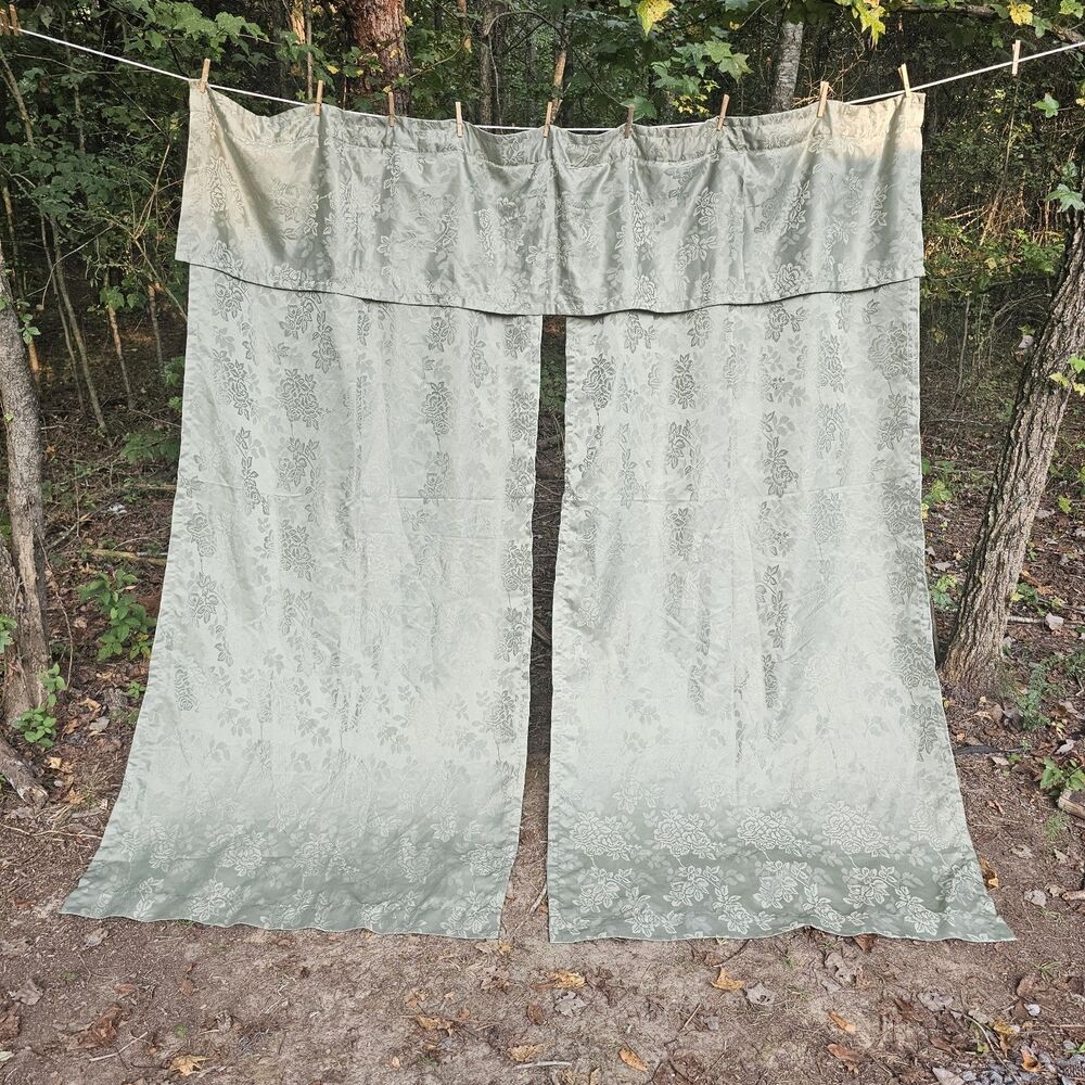 Victorian Style Sage Green Floral Jacquard Damask Curtain Panels & Valance
